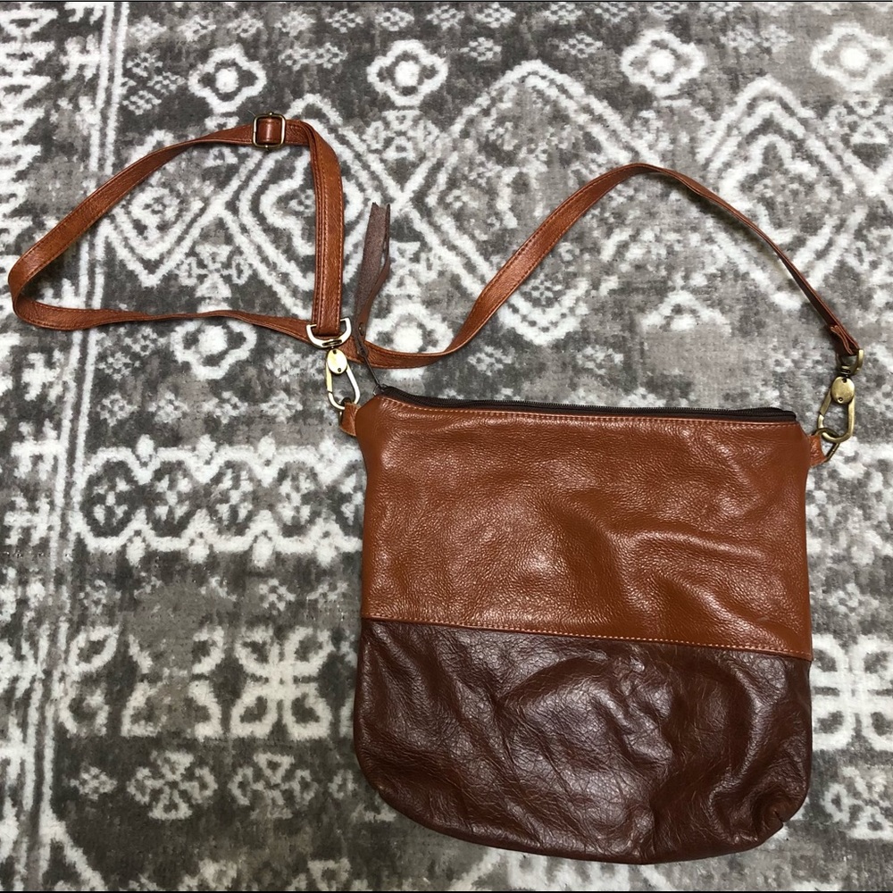 Two toned brown leather crossbody bag purse